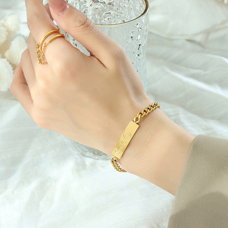 Hip Hop Style Square Plate Pendant Chunky Chain Bracelet 18K PVD Gold Plated Titanium Steel Smile Face - Image 5