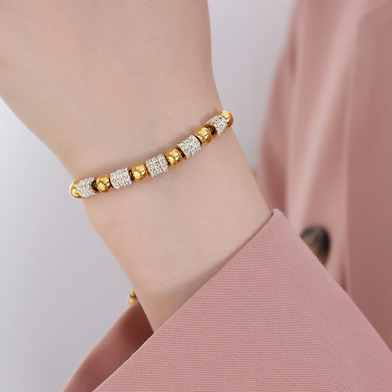 INS Style Luxe Elegant Beaded Bracelet with Zircons 18K PVD Gold Plated Titanium Steel Jewelry - Image 6