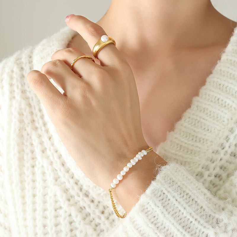 Simple Friendship Bracelet for Women Titanium Steel Gold Plated Freshwater Pearl Bead Vintage Non-Fading Jewelry - Image 5