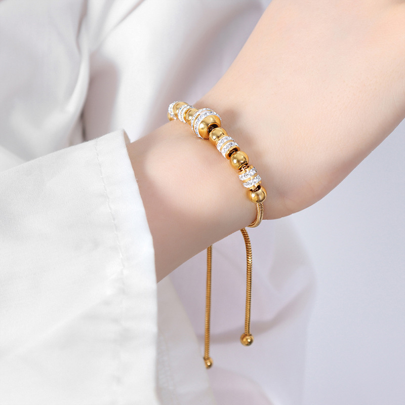 Luxe Non-Fading European Bracelet Blogger Style Titanium Steel Gold Plated Zircon Bead Bracelet - Image 6