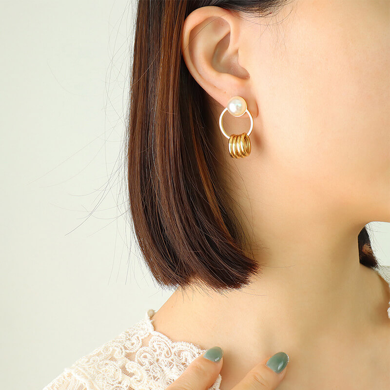 European retro double hoop pearl drop earrings titanium steel 18k PVD gold plated lightweight earrings wholesale - Image 2