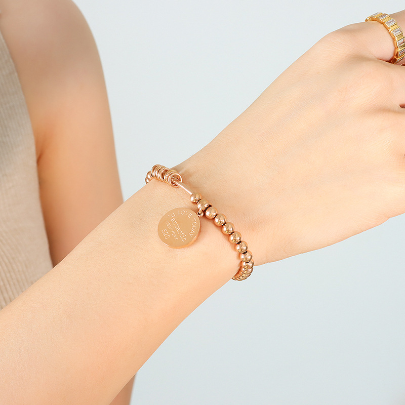 European INS Style Bracelet Couple Round Plate Bead Elastic Bracelet 18K Gold Plated Titanium Steel Jewelry - Image 7
