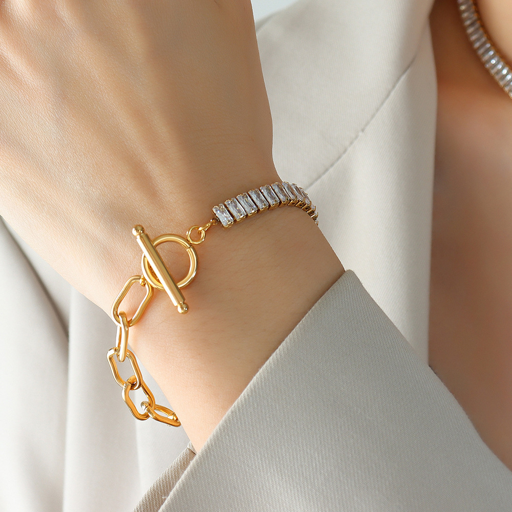 European Minimalist Trendy Bold Chain OT Buckle Zircon Necklace Hip-Hop Non-Fading Bracelet Jewelry Set - Image 5