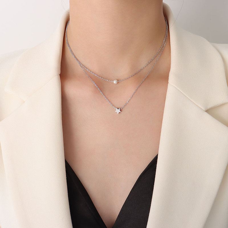 European Ins Style Jewelry Star Pendant Imitation Pearl Double-Layered Necklace 18K PVD Gold Plated Choker for Women - Image 4