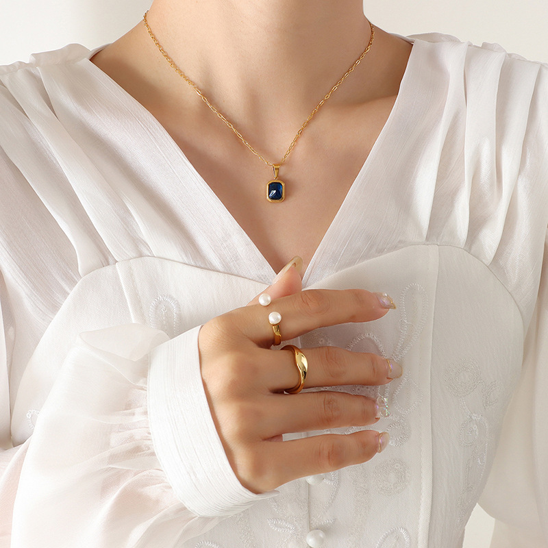 European Titanium Steel 18K PVD Gold Plated Blue Crystal Pendant Necklace Handmade Choker Necklace for Women - Image 5