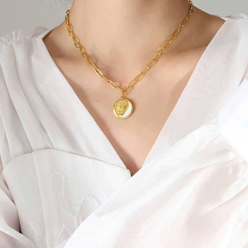 Hot Sale European Ins Unique Design Creative Portrait Half Face Moon Zircon Inlaid White Mother-of-Pearl Necklace - Image 5