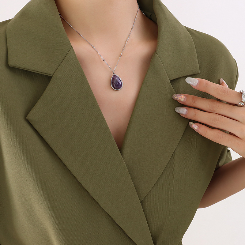 Korean Style Natural Stone Water Drop Oval Pendant Choker Necklace 18K PVD Gold Plated Titanium Steel Jewelry Wholesale - Image 5