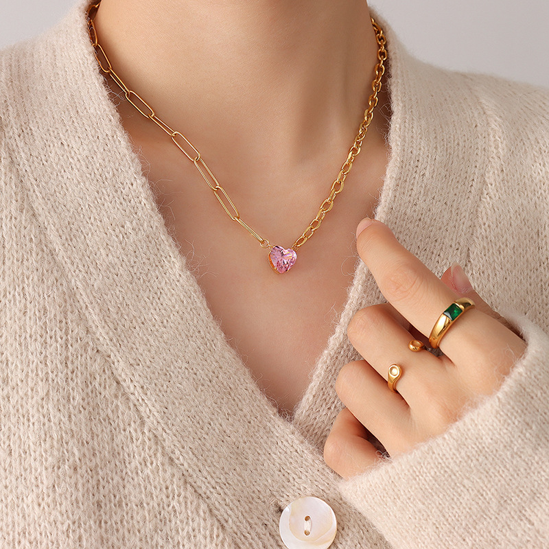Korean New Trend Sweet Girl Pink Zircon Heart Pendant Necklace Fashionable Design Choker Necklace for Women - Image 5