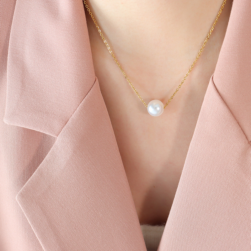 Titanium Steel Gold Plated Choker Necklace Imitation Pearl Pendant Non-Fading 18K PVD Gold Plated Jewelry Wholesale - Image 6