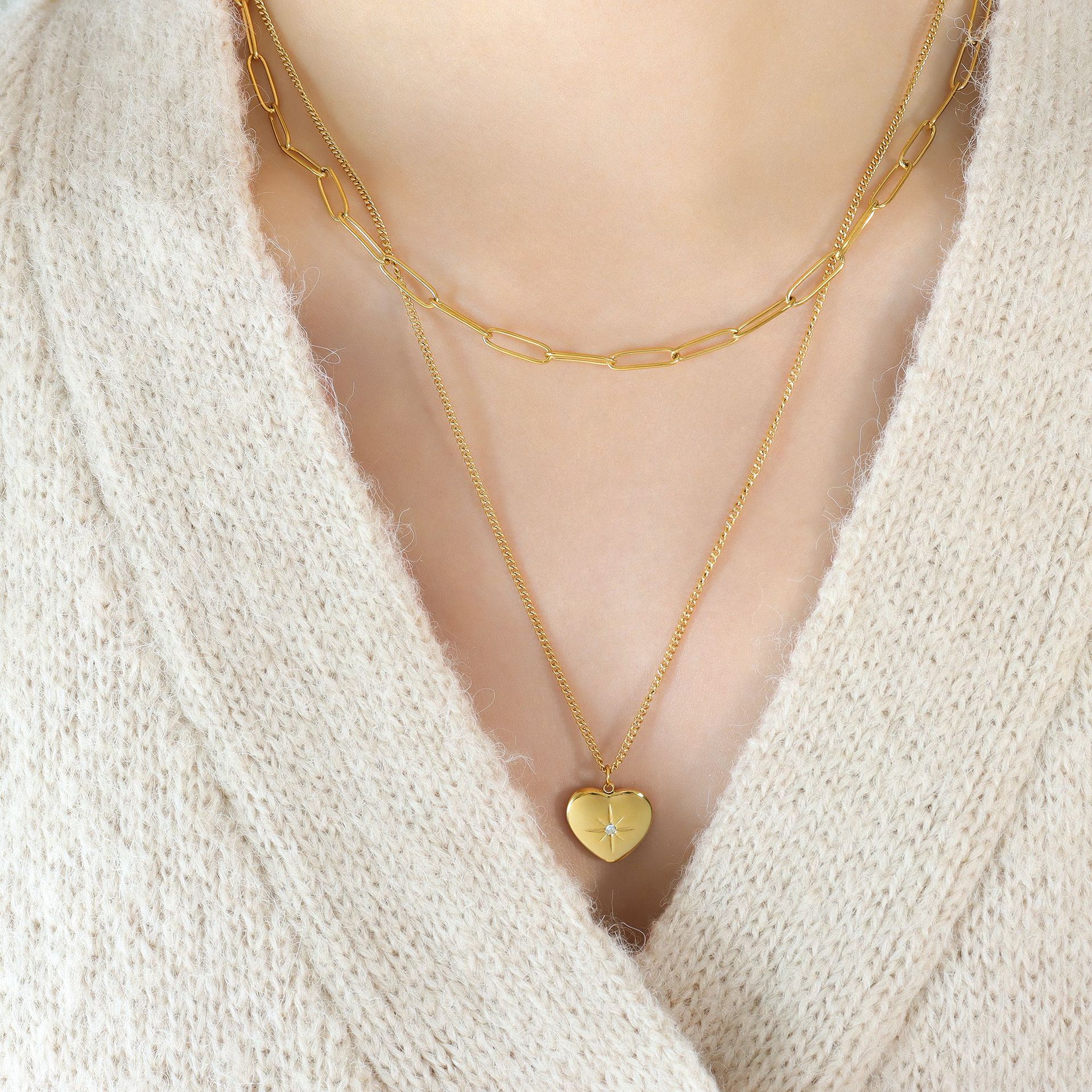 European Jewelry Double Layered Heart Star Pendant Necklace with Zircon 18K PVD Gold Plated Ins Style Choker - Image 2