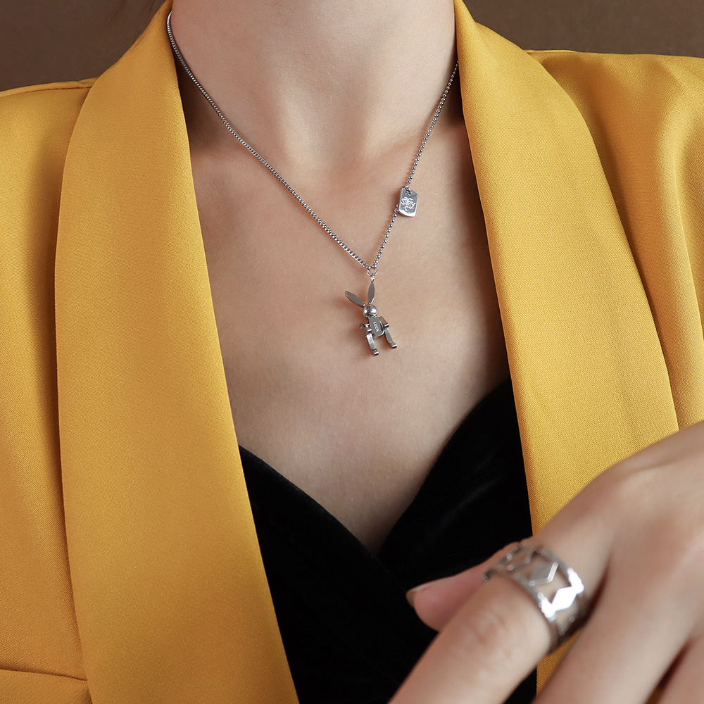 Ins Mechanical Rabbit Choker Chain Pendant Square Spliced Necklace Titanium Steel Design - Image 4