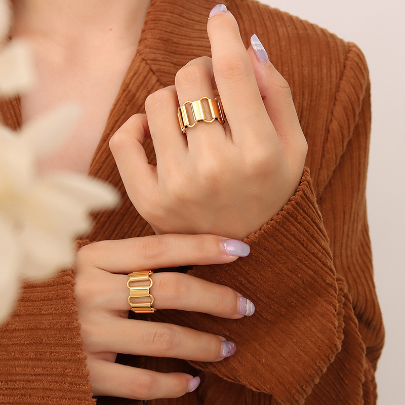 European Ins Cold Minimalist Hollow Geometric Ring Necklace Bracelet Set Titanium Steel 18K PVD Gold Plated Jewelry - Image 6