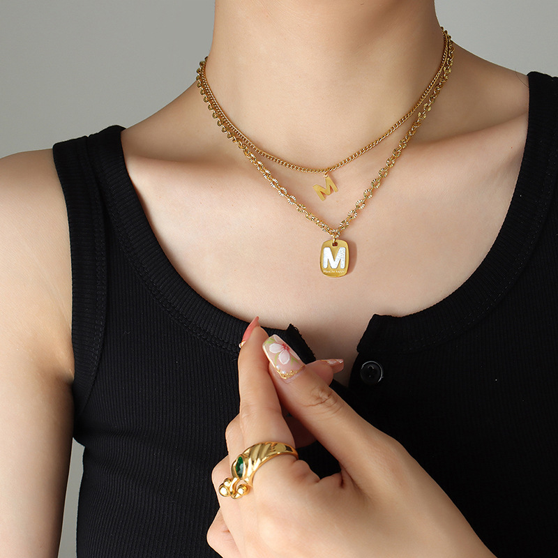 Trendy Style Korean Inspired Influencer Necklace Titanium Steel Gold Plated with White Shell Letter M Pendant Double Layered - Image 5