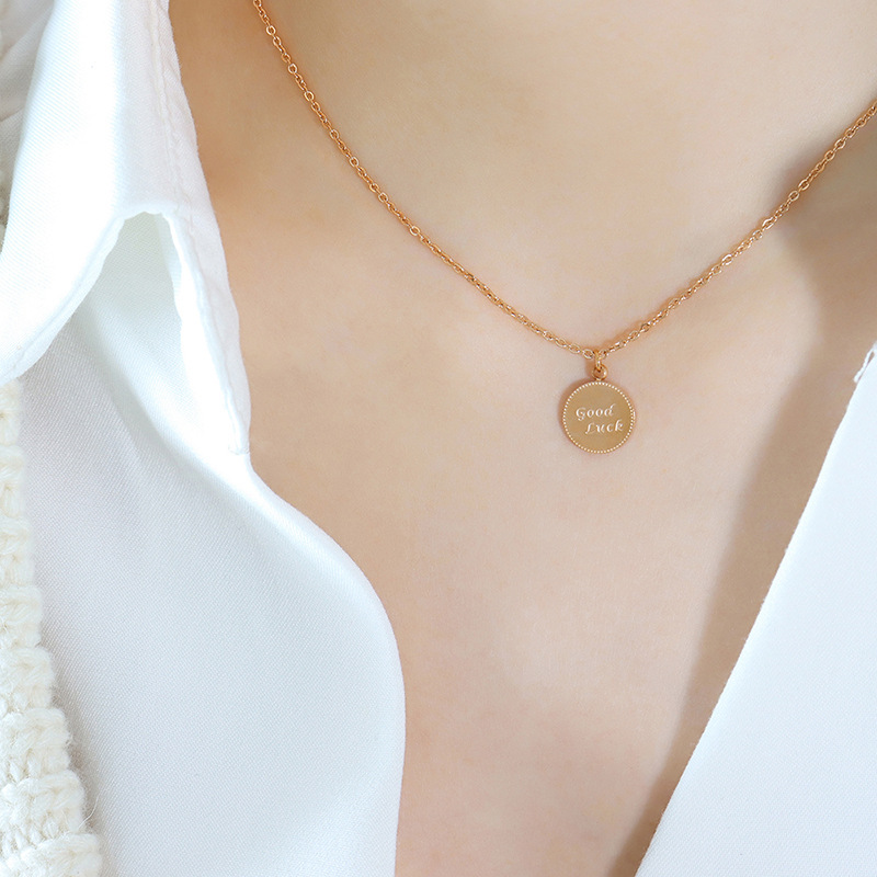 Little Lucky Corner of Love Wave Pattern Round Pendant Good Luck Letter Pendant Titanium Steel 18K PVD Gold Plated Necklace - Image 6