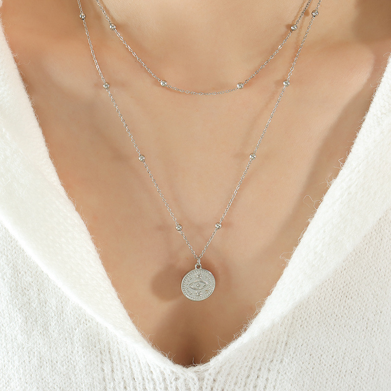 French Retro Pendant Necklace Bead Necklace Sexy Girl Accessories 18K PVD Gold Plated Single Eye Double Layer Necklace - Image 6