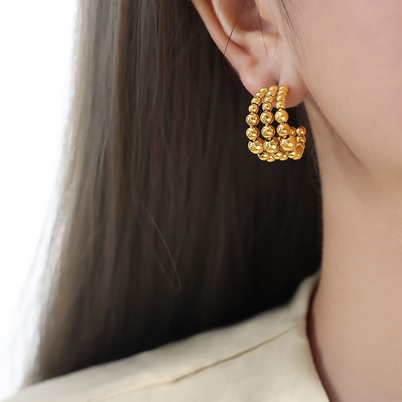 European C-shaped half-round triple-layer steel bead earrings titanium steel 18k PVD gold plated niche earrings - Image 6