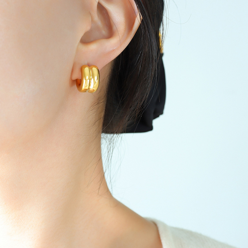 Double Layer C Shaped Half Hoop Earrings 18K Gold PVD Plated Stainless Steel Minimalist Vintage Style - Image 2