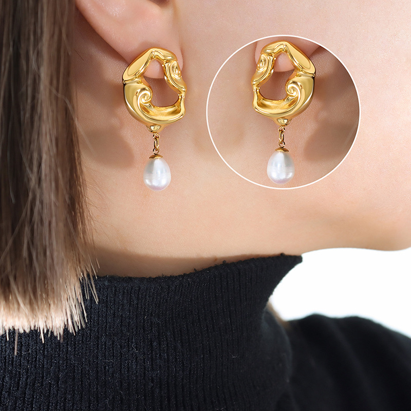 French Vintage Lava Hollow Earrings with Freshwater Pearl 18K Gold PVD Plated Stainless Steel Jewelry - Image 5