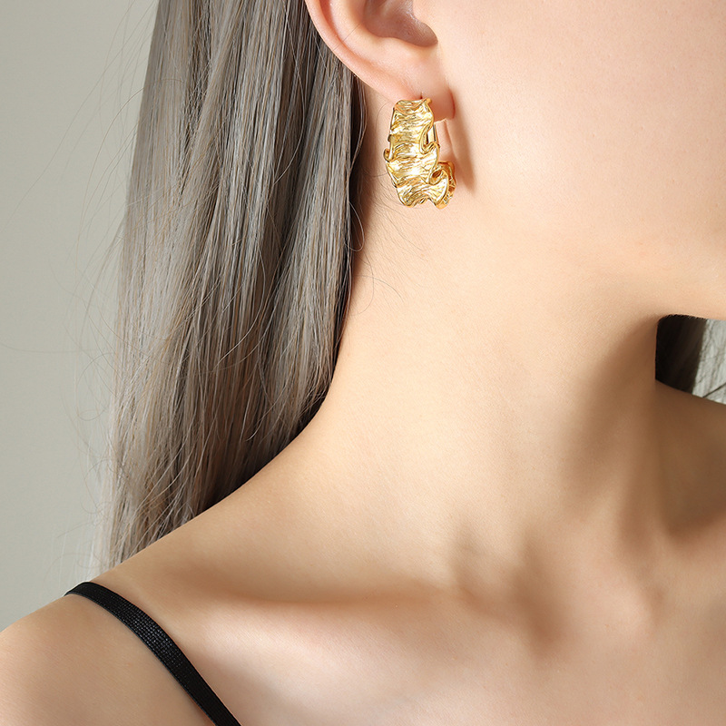 European ins-style new geometric pleated texture earrings niche design titanium steel 18k PVD gold plated ear buckles - Image 6