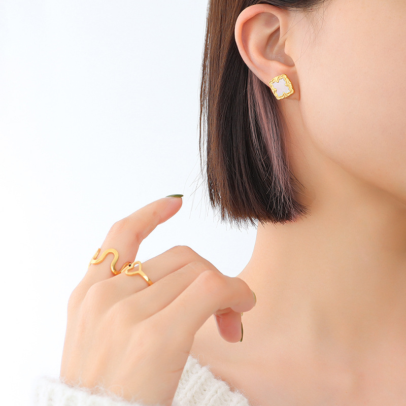 European vintage square white shell stud earrings lightweight niche titanium steel 18k PVD gold plated earrings - Image 6