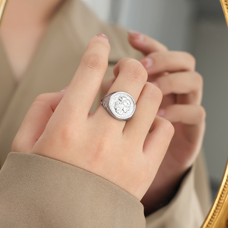 INS Cool Minimalist Geometric Relief Texture Titanium Steel Gold Plated Ring - Image 6