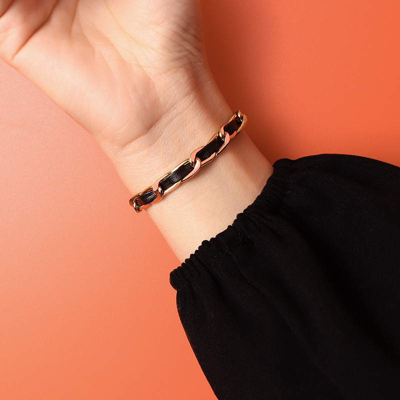 Leather Cord Chain Bracelet 18K PVD Gold Plated Titanium Steel Couple Jewelry - Image 3