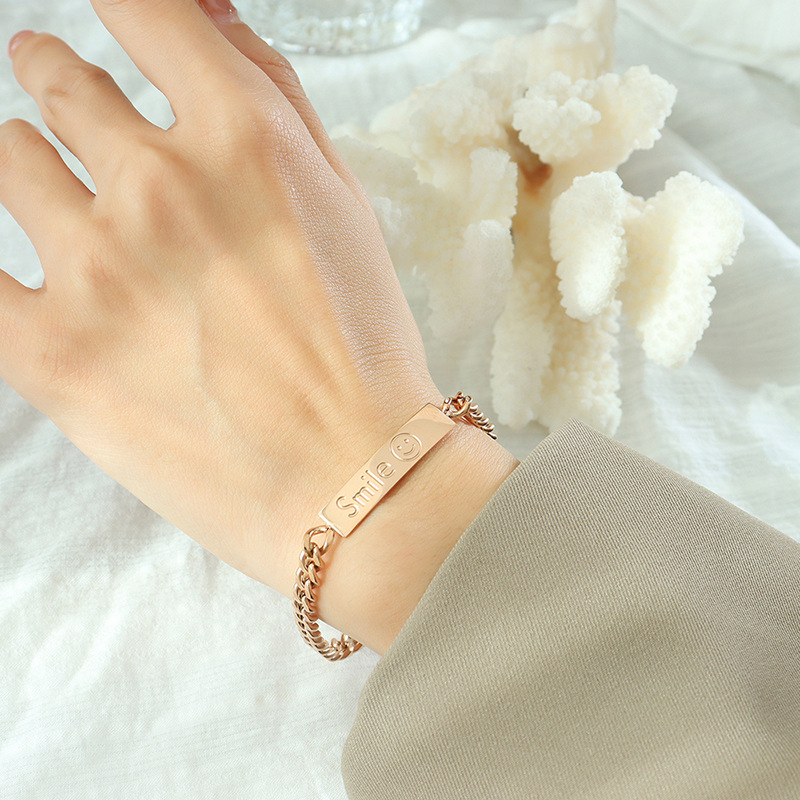 Hip Hop Style Square Plate Pendant Chunky Chain Bracelet 18K PVD Gold Plated Titanium Steel Smile Face - Image 6