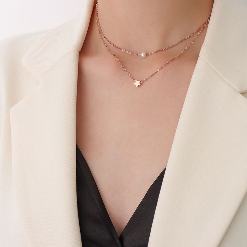 European Ins Style Jewelry Star Pendant Imitation Pearl Double-Layered Necklace 18K PVD Gold Plated Choker for Women - Image 5