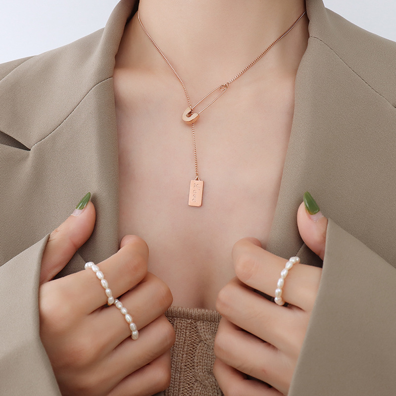 Korean Ins Style Pin Letter Square Pendant Necklace 18K PVD Gold Plated Titanium Steel Choker Jewelry for Women - Image 7