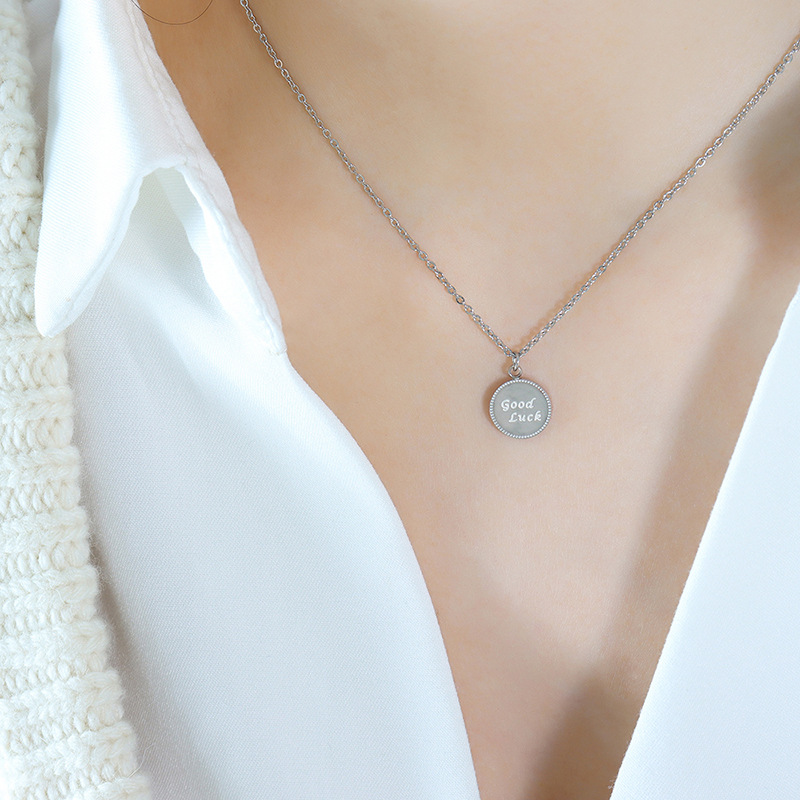 Little Lucky Corner of Love Wave Pattern Round Pendant Good Luck Letter Pendant Titanium Steel 18K PVD Gold Plated Necklace - Image 2