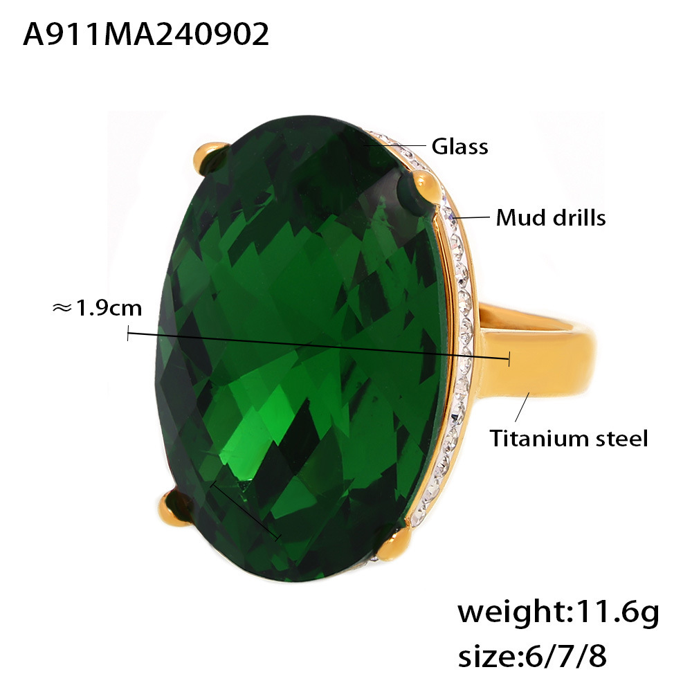 European Oval Stick CZ Large Glass Ring Titanium Steel 18K PVD Gold Plated Finger Ring Vintage Luxury Hand Jewelry - Image 7