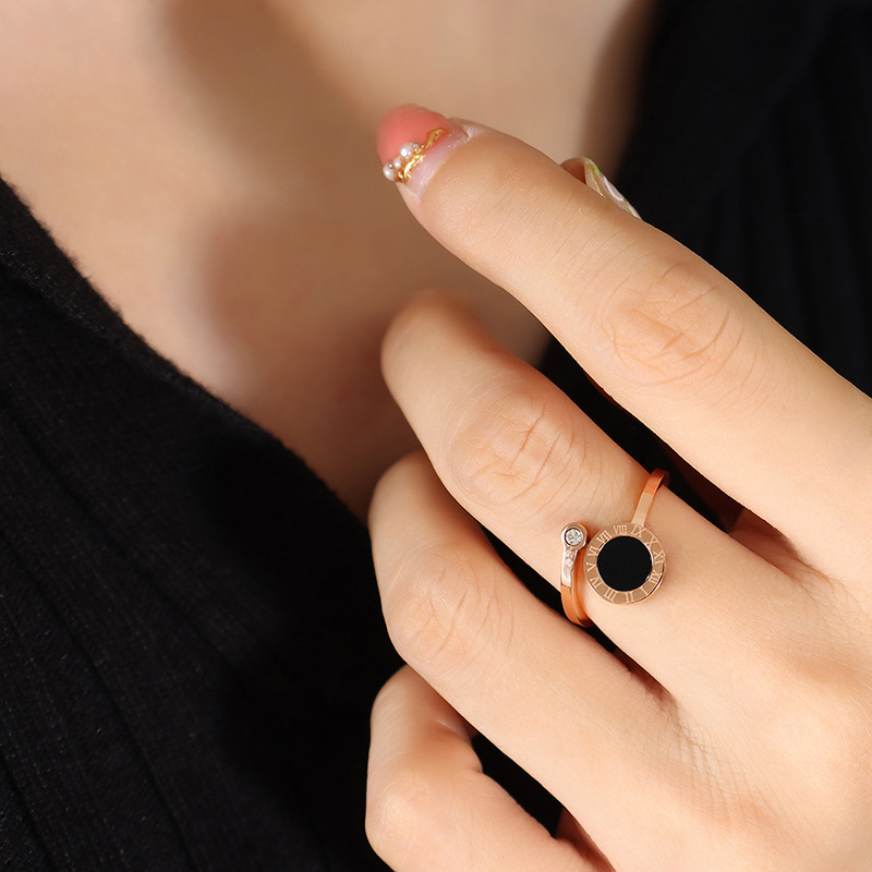 European Simple Small Design Fashion Open Ring with Gold Plating Zircon Inlay and Acrylic Titanium Steel Jewelry - Image 6