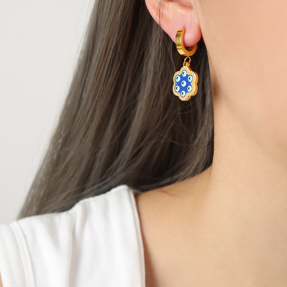 European cross-border new vintage ethnic titanium steel 18k PVD gold plated creative geometric enamel earrings - Image 9