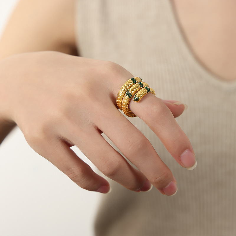 European American Fashion Retro Titanium Steel Gold Plated Multi-Color CZ Multi-Layer Textured Open Ring for Women - Image 8