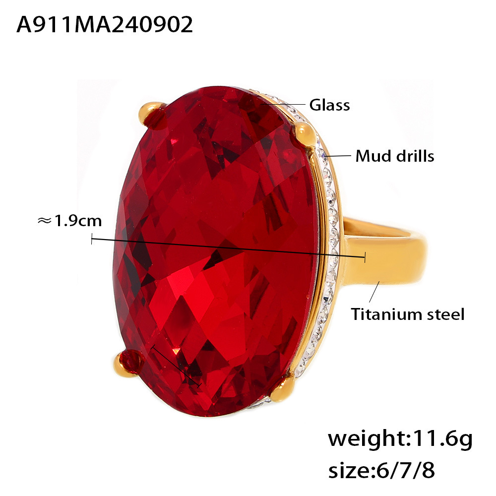 European Oval Stick CZ Large Glass Ring Titanium Steel 18K PVD Gold Plated Finger Ring Vintage Luxury Hand Jewelry - Image 8