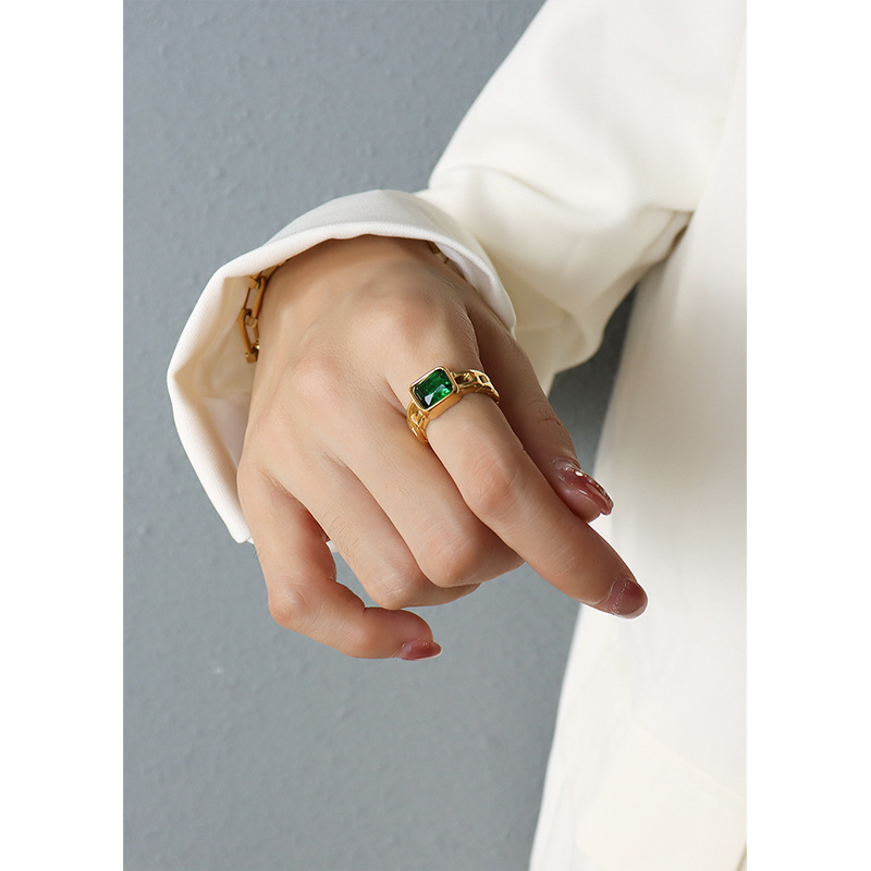 French Inspired Small Chain Black Faceted CZ Ring for Women Open Finger Ring with Titanium Steel 18K PVD Gold Plating - Image 8