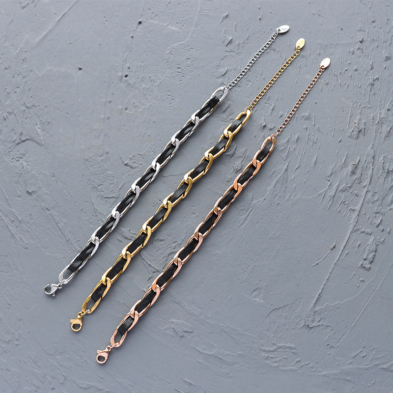 Leather Cord Chain Bracelet 18K PVD Gold Plated Titanium Steel Couple Jewelry - Image 4