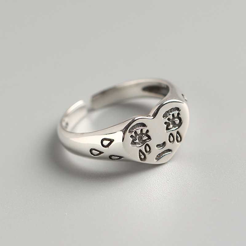 Korean Style S925 Sterling Silver Crying Face Ring Trendy Creative Tear Drop Ring Mood Ring - Image 2