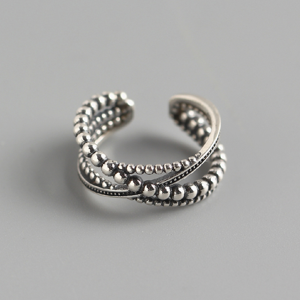 Korean Style Round Bead Braided Silver Ring S925 Sterling Silver Multi-layer Woven Vintage Ring for Women - Image 2