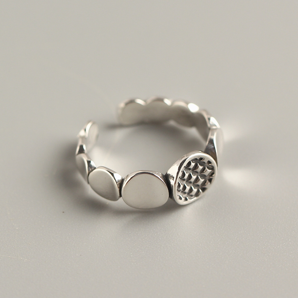 Korean and Japanese Style S925 Sterling Silver Round Plate Ring Vintage Block Patchwork Trendy Open Ring - Image 2