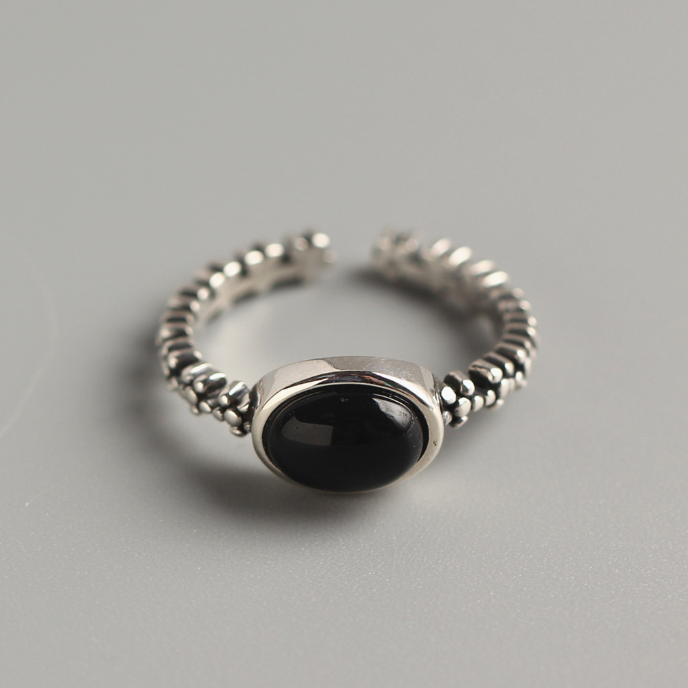 Korean Style S925 Sterling Silver Ring Star Line Minimalist Oval Black Onyx Ring for Women - Image 2