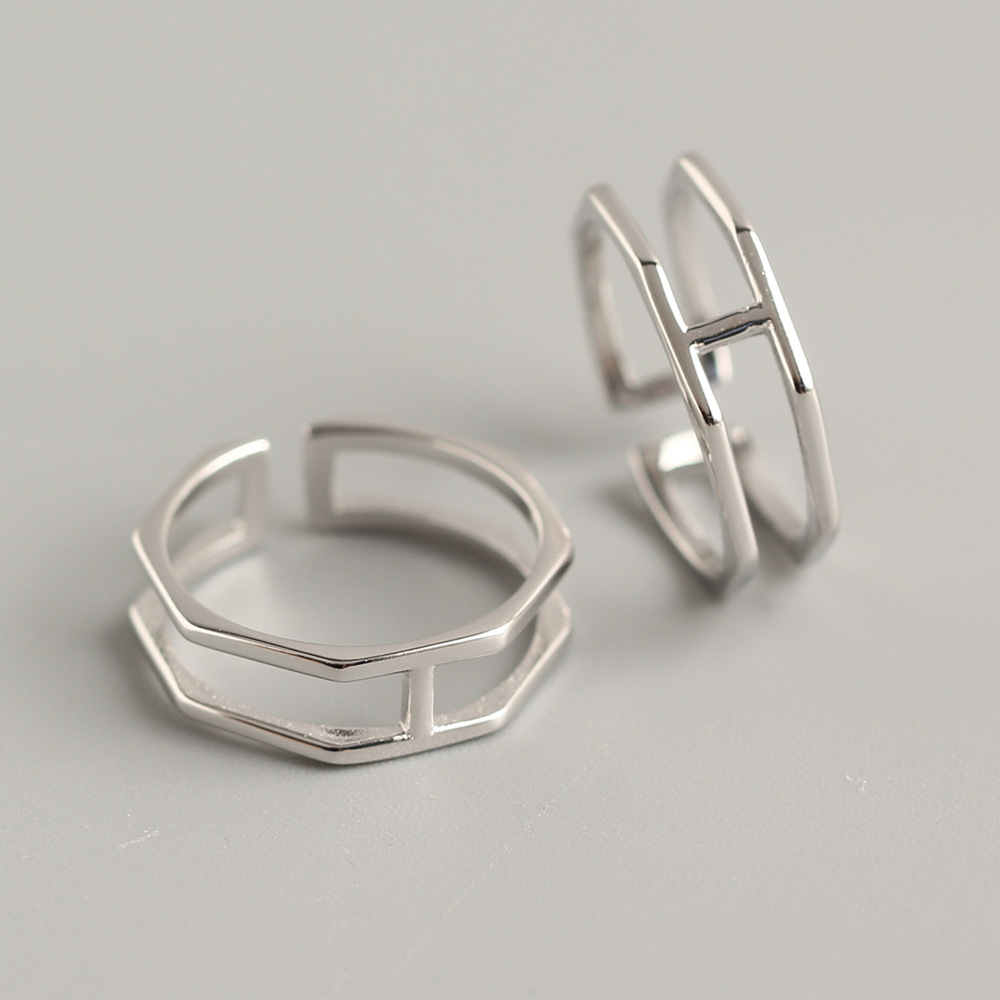 Korean Style Minimalist S925 Sterling Silver Double-line H Shape Ring Hexagonal Open Ring for Women - Image 2