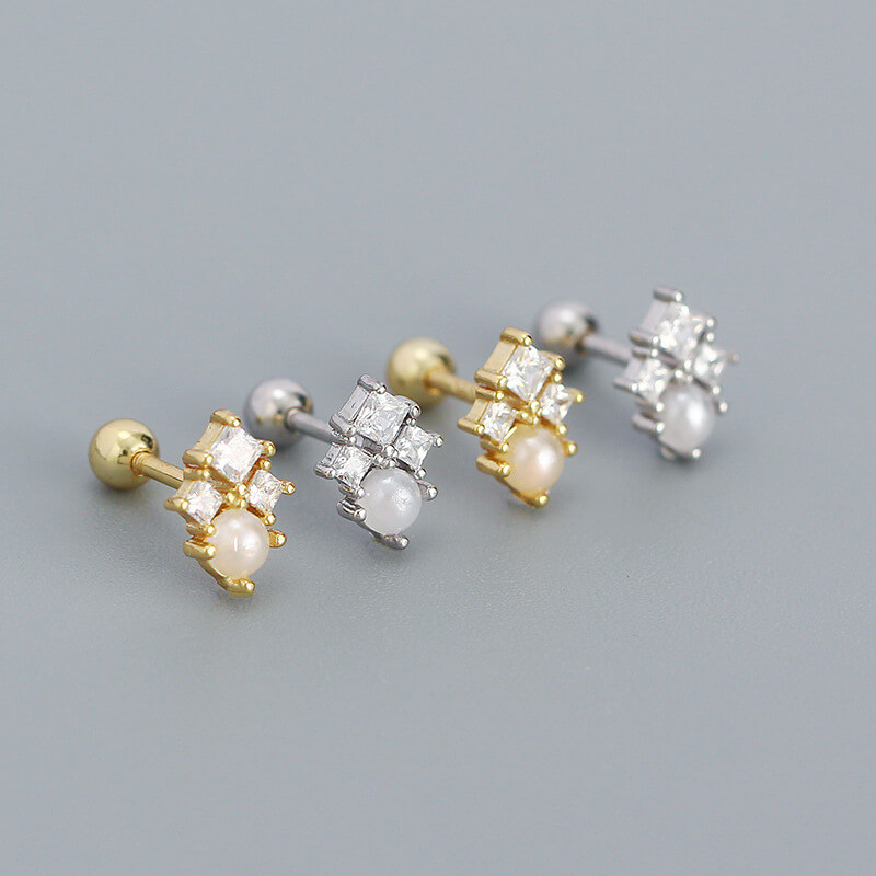 Korean Style S925 Silver INS Imitation Pearl Earrings Square Zircon Screw Ear Cuffs Ear Bone Earrings for Women - Image 2