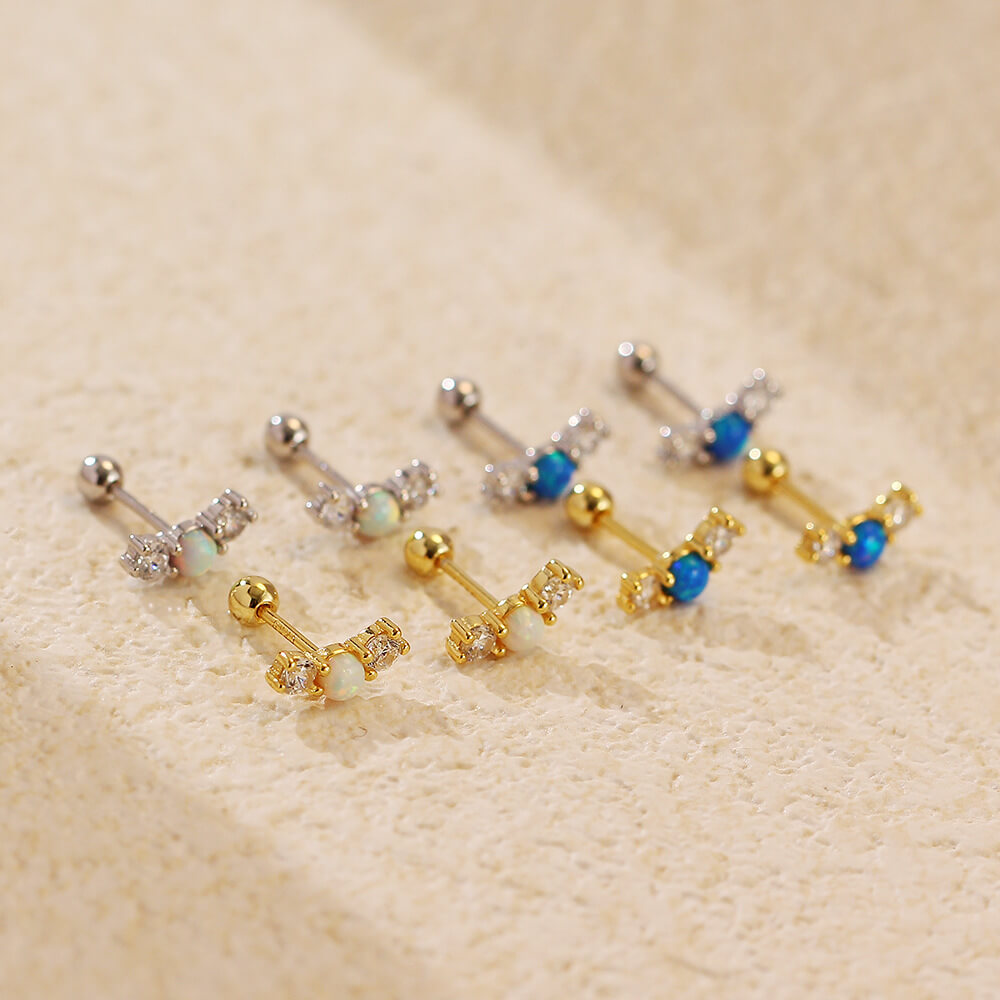 Elegant Opal Ear Studs S925 Silver Diamond Opal Ear Bone Cuffs Unique Threaded Earrings - Image 2