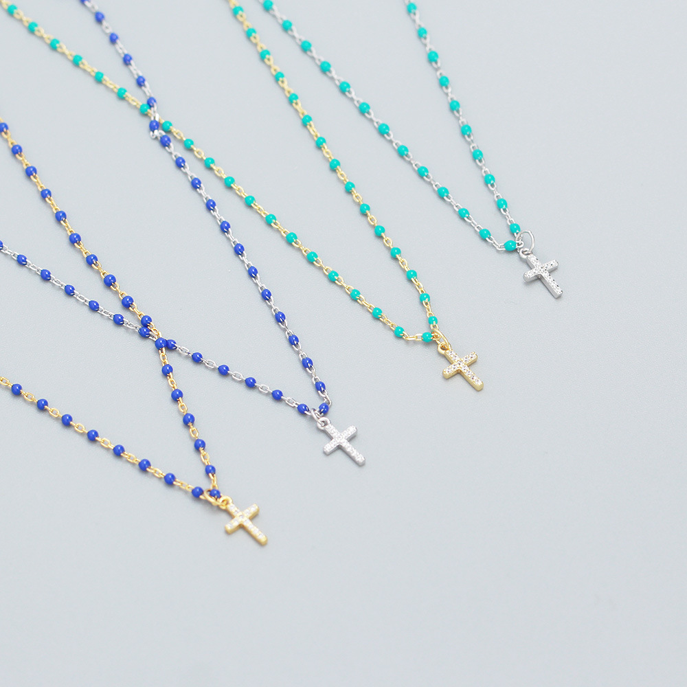 European Light Luxury S925 Silver INS Layered Cross Diamond Resin Design Collarbone Chain Necklace - Image 2