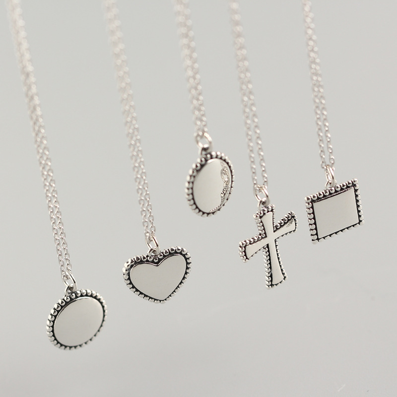 New Simple Vintage Necklace S925 Silver Cross Round Pendant Square Heart Silver Pendant Collarbone Chain - Image 2