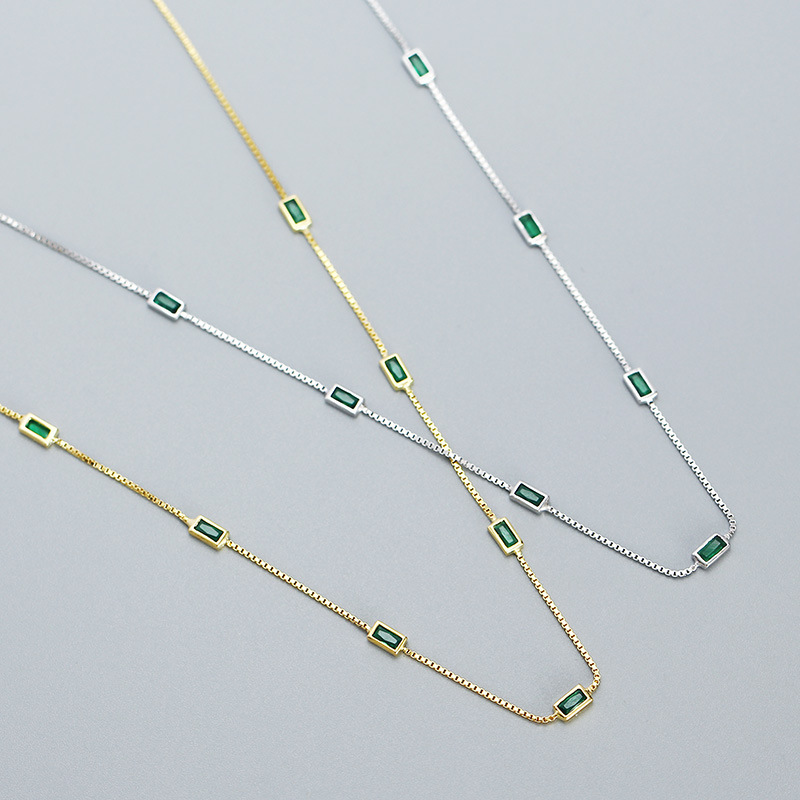 Sparkling Small Green Gemstone Diamond 925 Silver Collarbone Chain Daily Simple Exquisite Layered Necklace for Women - Image 2