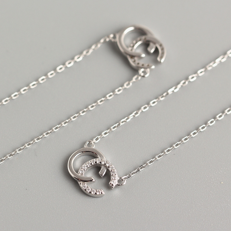 Fresh Korean Style Double C Necklace S925 Silver Diamond Fashion Simple Letter Necklace Collarbone Chain - Image 2