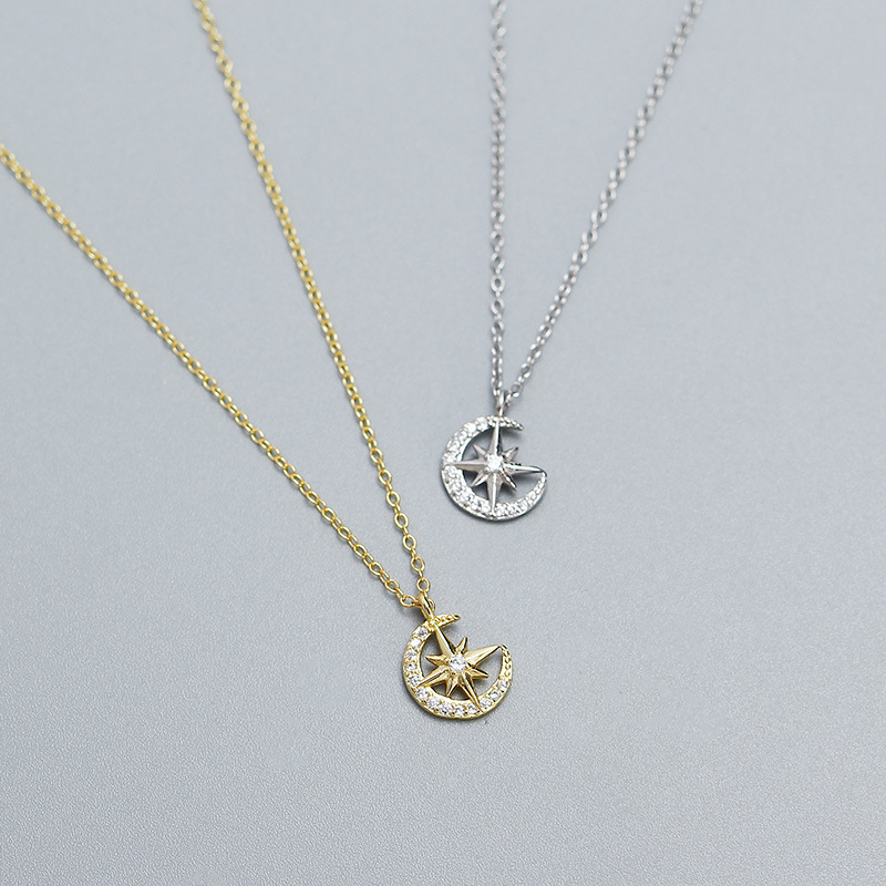 Star Moon Necklace S925 Silver INS Eight-Point Star Moon Diamond Collarbone Chain Personalized Versatile Jewelry - Image 2