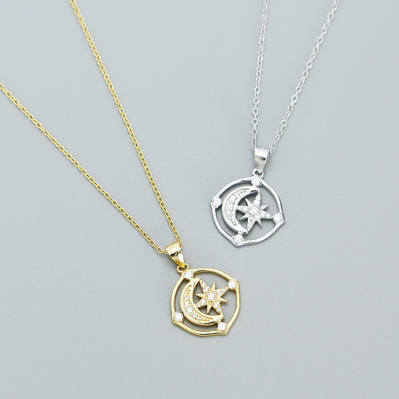S925 Silver Moon Star Diamond Necklace Women Eight-Point Star Collarbone Chain Niche Design Fine Chain - Image 2